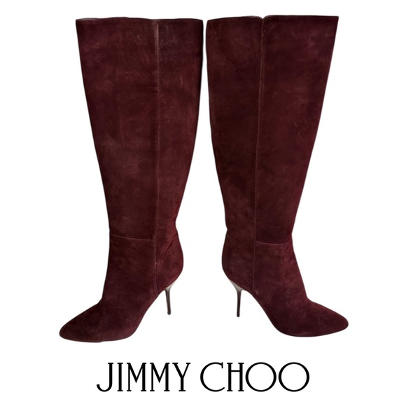 Jimmy Choo Burgundy Wine Heeled Suede Boots 39 1/2 Fall Luxury Office Siren